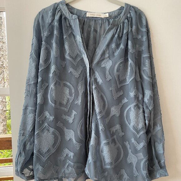 Bishop + Young Sheer Blue V-Neck Blouse, Applique Overlay,‎ M,K4ATW1772A - Picture 1 of 6
